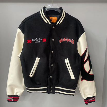 Real Photo GOD SPEED Baseball Jacket American Vintage Patchwork Leather Sleeves Unisex Embroidery Skeleton Jacket Coats
