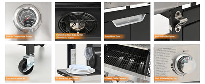 4 Burner BBQ Propane Gas Grill, Free Standing Grill Cart with Wheels, Stainless Steel Heavy Duty Cabinet Style, Outdoor Grill