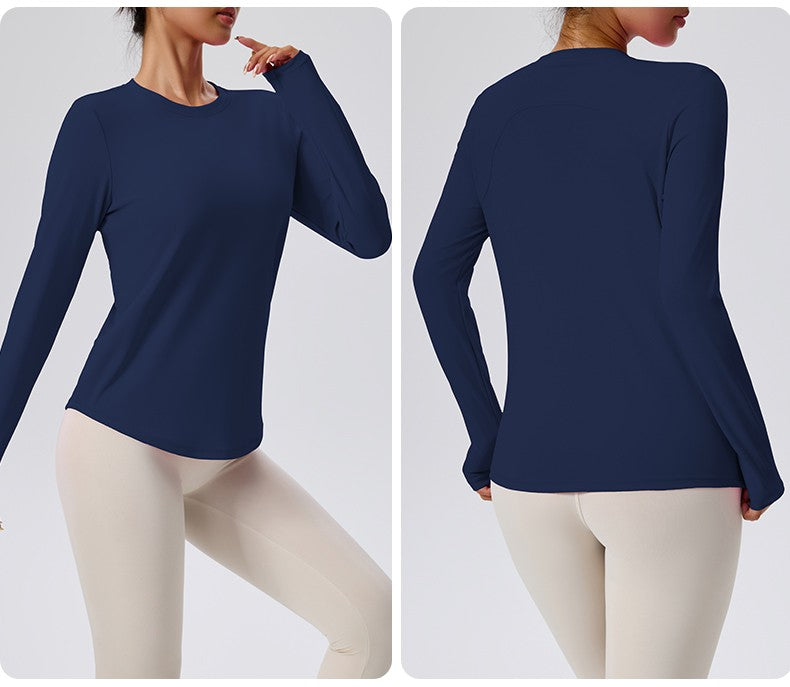 Naked Spring and Autumn Round Neck Fitness Yoga Clothing, Slimming and Slimming Base, Sports Top, Pilates Long Sleeve, Female