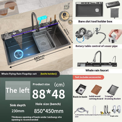Stainless Steel Waterfall Kitchen Sink New Embossed Extra Large Single Slot Modern Digital Display Dishwashing Basin
