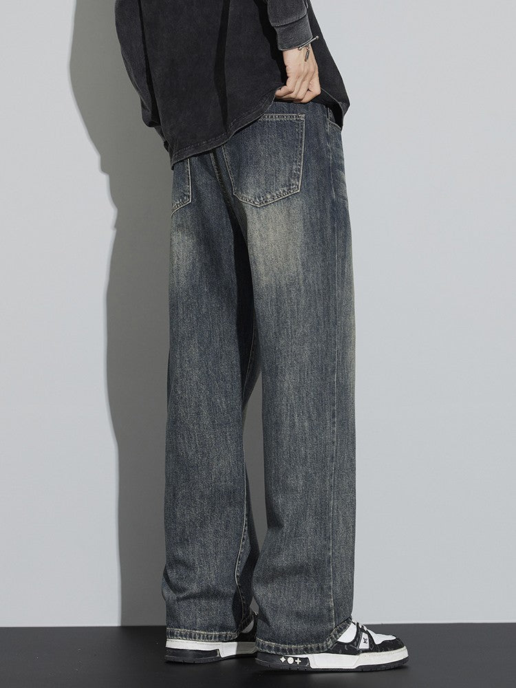 Calças Jeans Masculinas Folgadas de Algodão Perna Larga Retrô Estilo Urbano Coreano Reta Lavada Calças Jeans de Marca de Alta Qualidade
