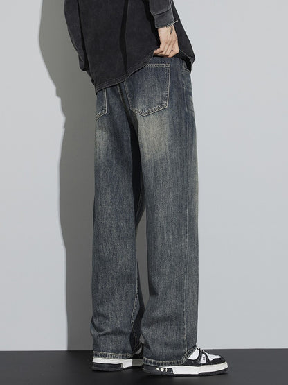 Calças Jeans Masculinas Folgadas de Algodão Perna Larga Retrô Estilo Urbano Coreano Reta Lavada Calças Jeans de Marca de Alta Qualidade