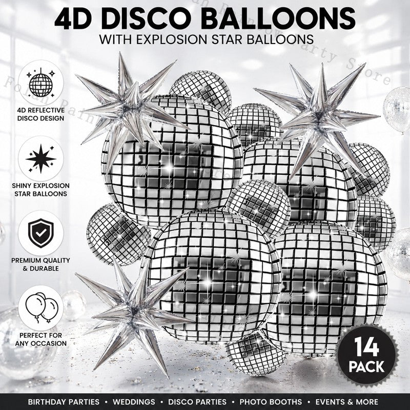 10/22inch 4D Silver Disco Ball Explosion Star Balloon Metallic Disco Balloon Set for Disco Party Wedding Birthday Party Decor