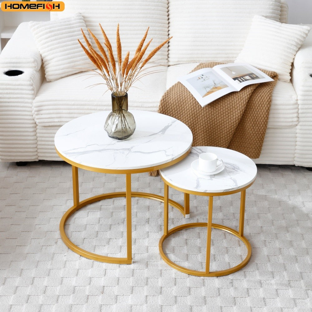 2Pcs Coffee Table Round 2 in 1 End Side Table Desk Nordic Marble Glass Home Sofa Tables Living Room Luxury Side Tables 60CM