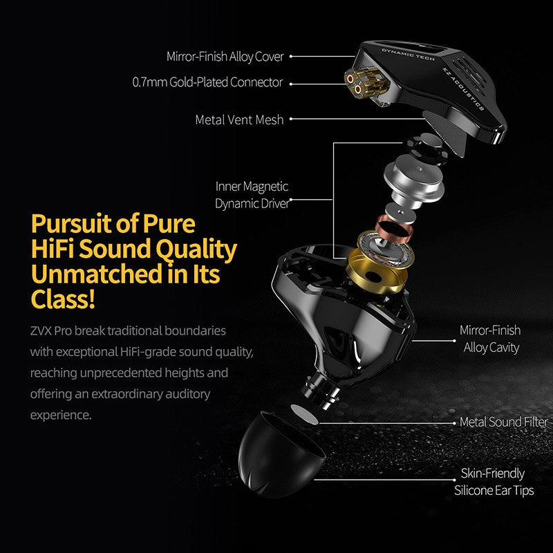 Fones de ouvido KZ ZVX Pro dinâmicos HIFI com graves, intra-auriculares, monitor de ouvido, fones de ouvido esportivos com cancelamento de ruído