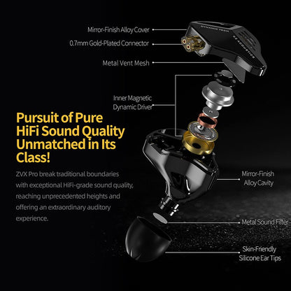 Fones de ouvido KZ ZVX Pro dinâmicos HIFI com graves, intra-auriculares, monitor de ouvido, fones de ouvido esportivos com cancelamento de ruído