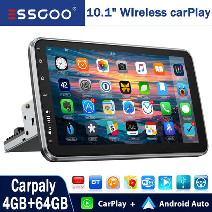 ESSGOO 10.1 Inch 4+64GB Rotatable IPS Touchscreen Single 1 DIN Car Stereo Wireless Apple Carplay Android Auto FM Bluetooth GPS