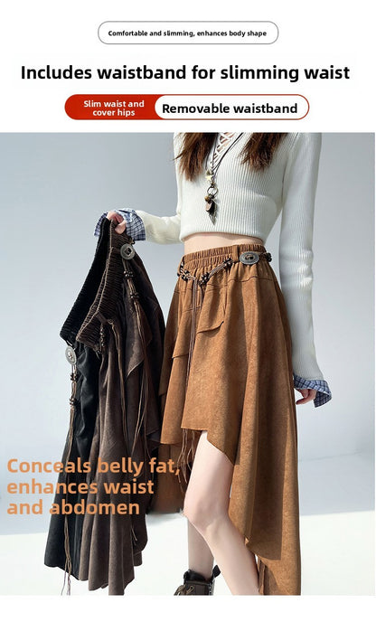 Caramel Suede Half-length Skirt Women's Autumn Winter New Irregular Belt Slim A- Line Midi Umbrella Skirt Comfortable Casual S .