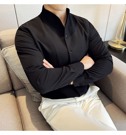 Advanced Sexy V-neck Men's Long Sleeved Shirt Designer Stand Up Collar Shirt Business Social Slim Fit Black and White Top