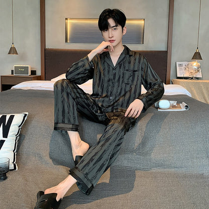 Large Size Ice Silk Men's Sleepwear 2025 New High-End V-Neck Thin Long Sleeved Two-Piece Set for Home Wear Youth Nightwear