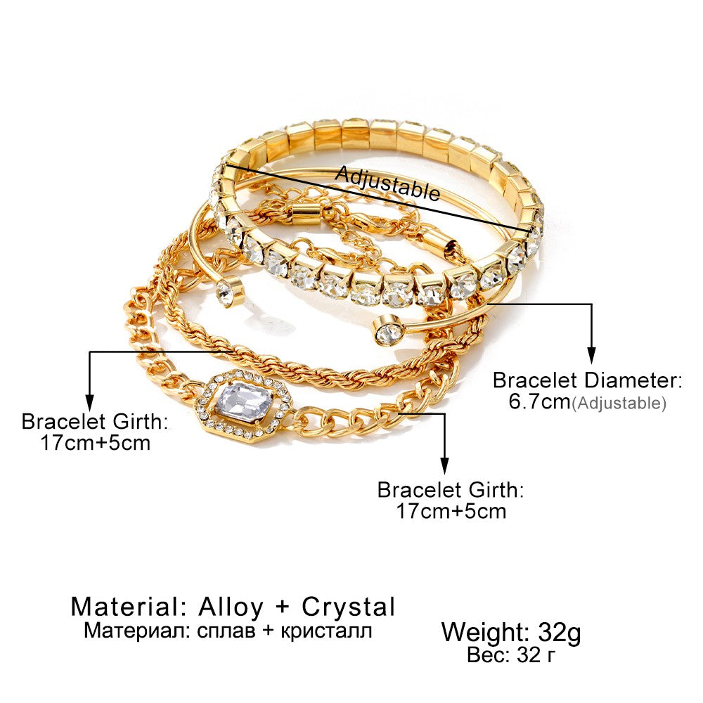 IPARAM Conjunto de 4 Pulseiras de Luxo para Mulheres Pulseiras com Corrente Ajustável Brilhantes de Cristal Joias da Moda Punk