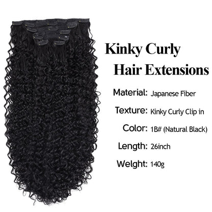 Extensões de Cabelo Sintético Jerry Cacheado 26'' Dupla Trama 6 Peças/Conjunto Clip-In Cabeça Cheia Orgânico Seda Gelo Aplique Preto/Marrom 160g