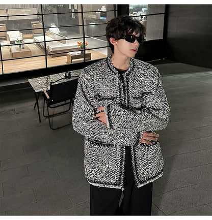 Korean Fashion Shiny Sequin Jacket Sliver Round Collar Long Sleeve Jackets Coats Autumn New Ladies Gentleman High Street