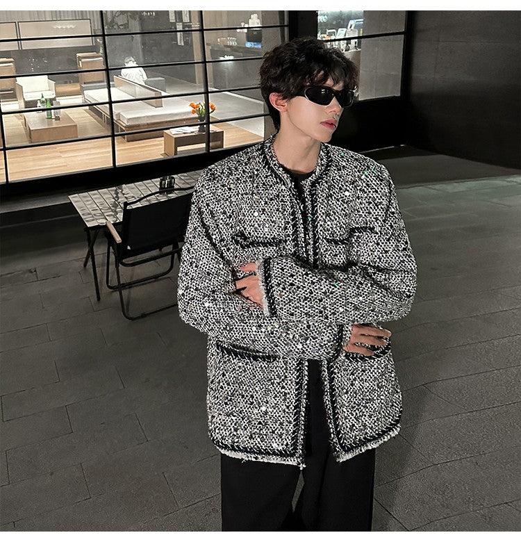 Korean Fashion Shiny Sequin Jacket Sliver Round Collar Long Sleeve Jackets Coats Autumn New Ladies Gentleman High Street