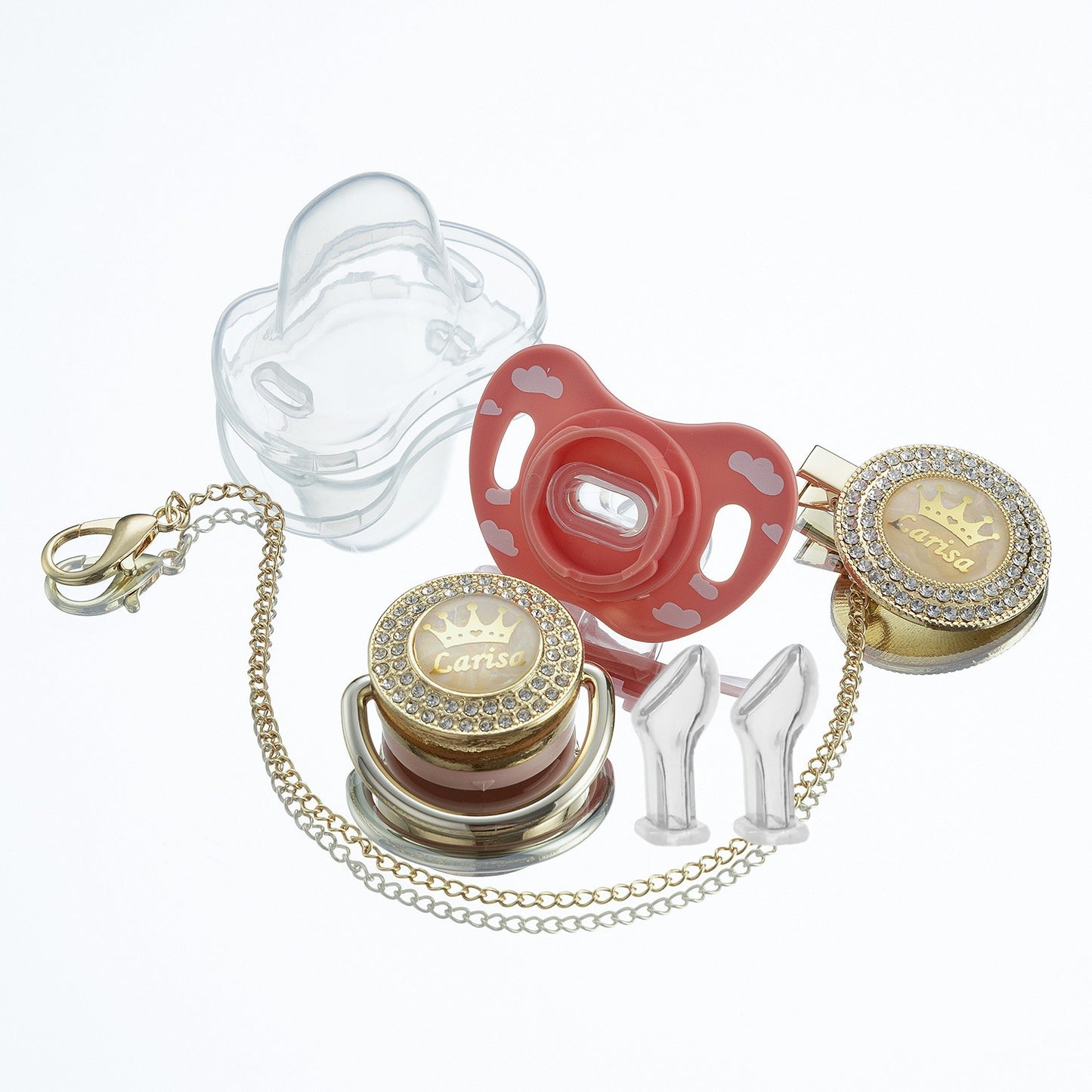 Miyocar Bling Custom Pink Brave Lion Pacifiers Bring 3 Replacement Silicone Teat Include All Size for Boy Girl Baby Shower Gift