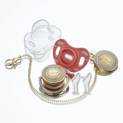 Miyocar Bling Custom Pink Brave Lion Pacifiers Bring 3 Replacement Silicone Teat Include All Size for Boy Girl Baby Shower Gift