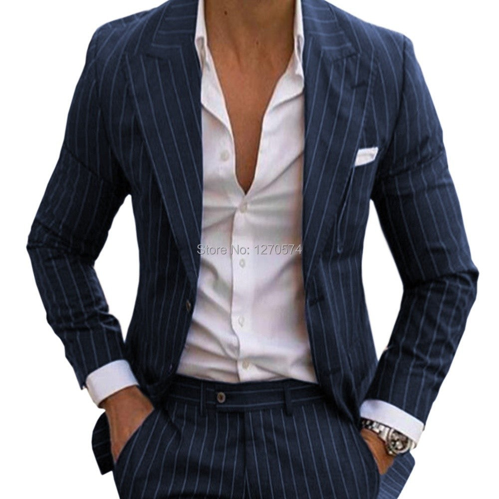 Slim Fit Pinstripe Smoking Suit for Men Peaked Lapel Tuxedo 2-Piece Blazer And Pants Wedding Groomsmen Formal Wear