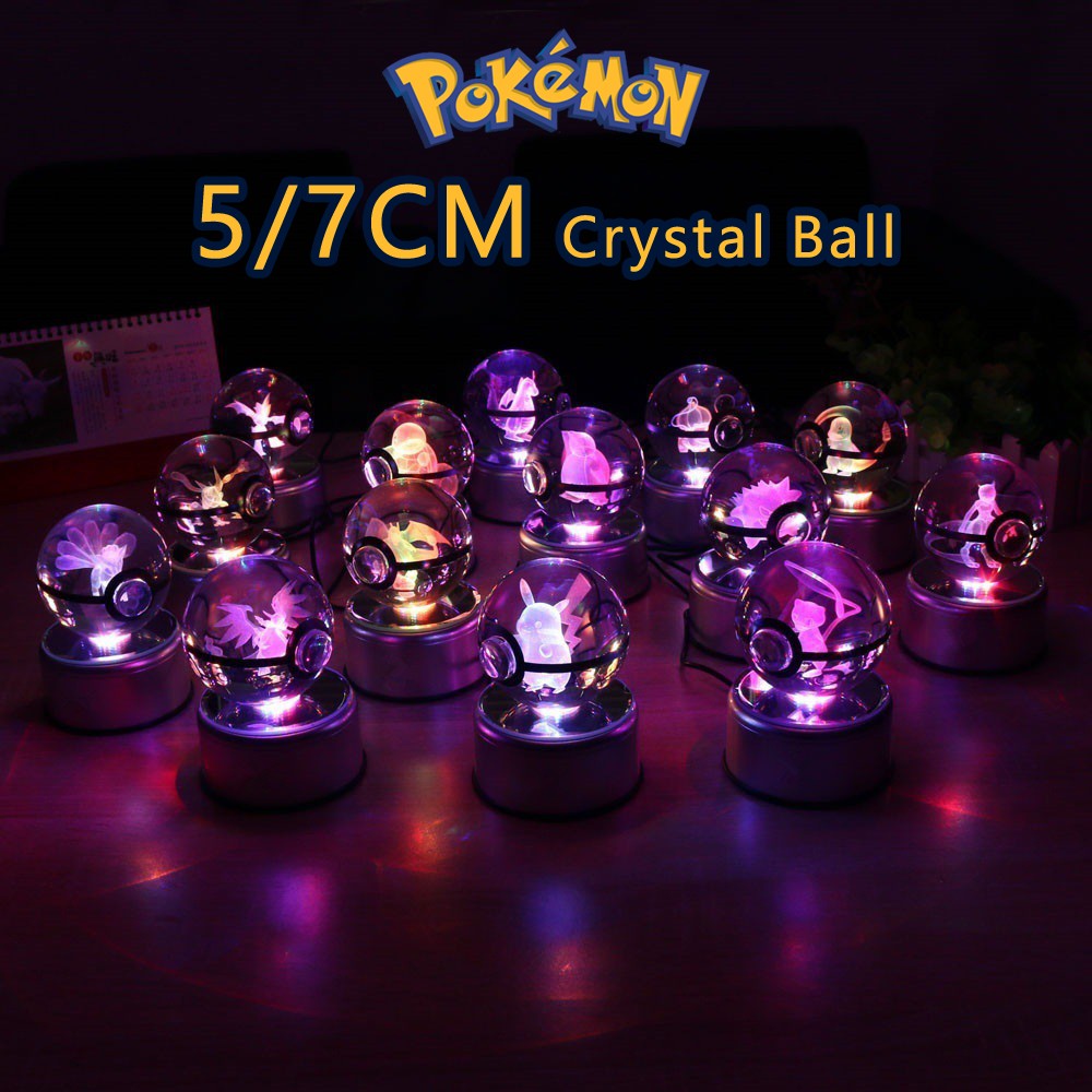 Esfera de Cristal 3D Pokémon 7CM 5CM Mewtwo Pikachu Gengar Bola de Cristal de Vidro Pokémon Pokebola Luminária Noturna LED com Base de Presente