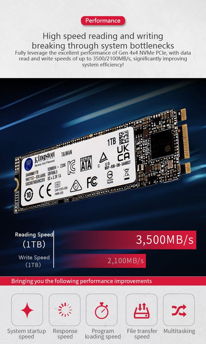 SSD M.2 2280 A400-NGFF Kingston Unidade de Estado Sólido Interna 120GB 240GB 480GB 1TB 2TB Alto Desempenho para Notebook e Desktop