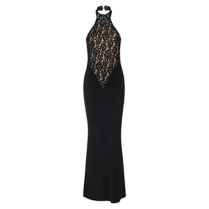 Mozision Lace Halter Backless Sexy Maxi Dress For Women Black Off-shoulder Strapless Sleeveless Bodycon Club Party Long Dress