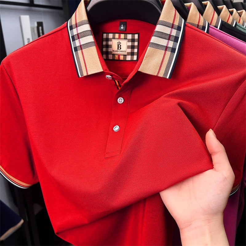 Luxury brand short sleeve polo shirt men's summer new silk cotton breathable fashion top casual business plaid lapel T-shirt