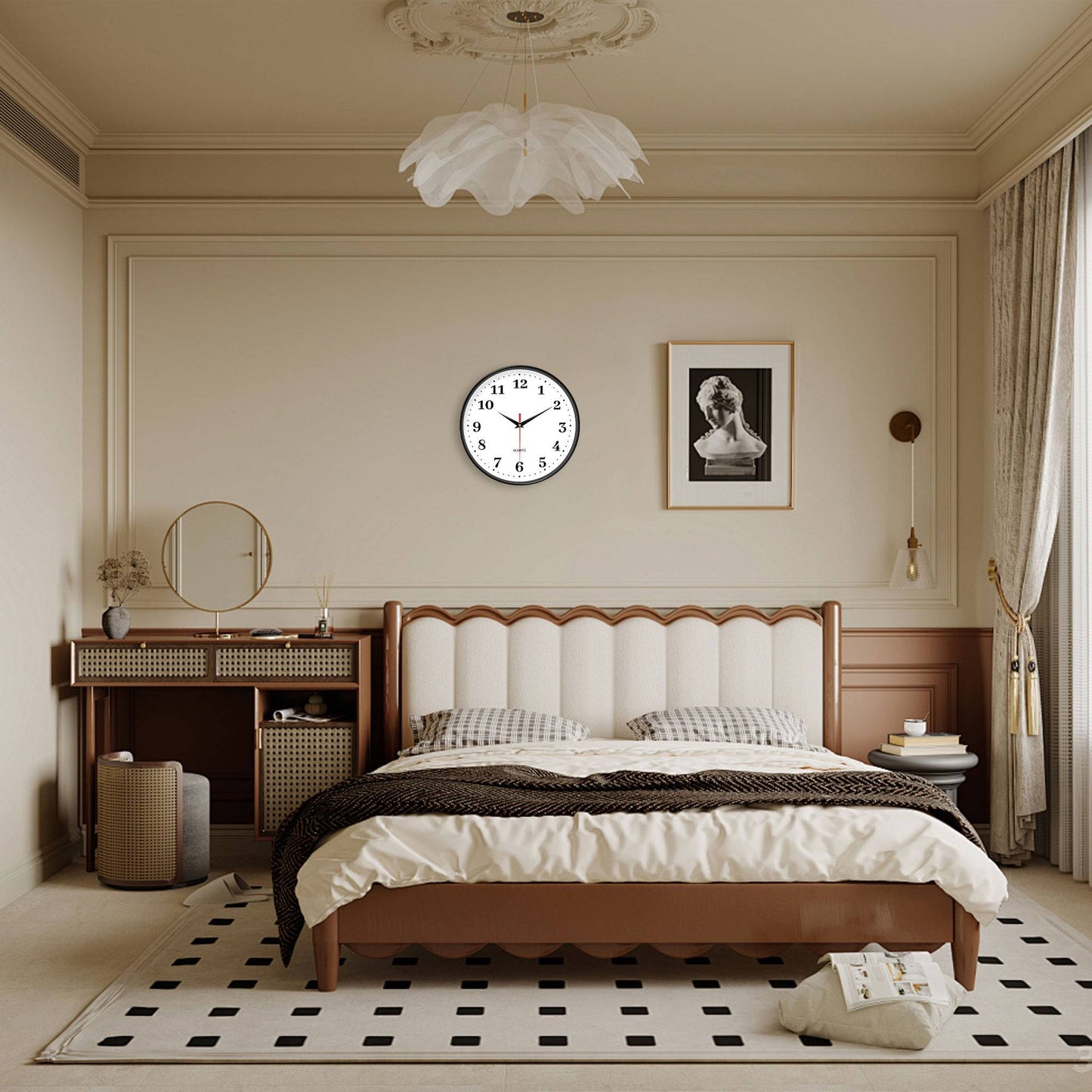 An 8-inch silent wall clock, modern white wall clock with simple design, battery operated quartz clock, adorns the family living