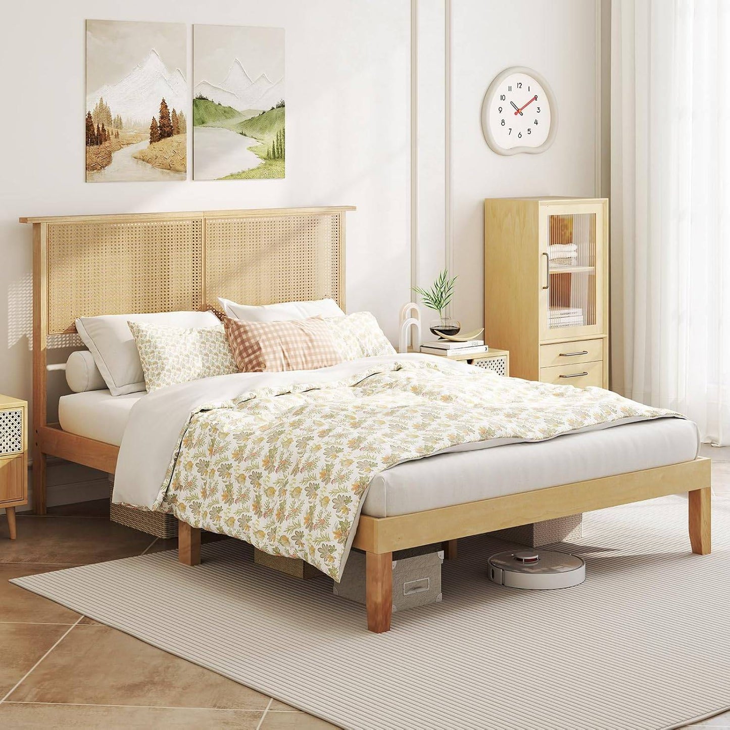 Full Size Wood Platform Bed Frame with Rattan Headboard, Boho Rubber Wood Bed Frame with Plywood Slats & Under-Bed Stora