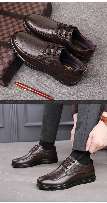 Sapatos Masculinos de Couro Feitos à Mão, Sapatos Sociais Casuais e de Negócios Minimalistas, Modernos, com Cadarço, para Pais de Meia-Idade