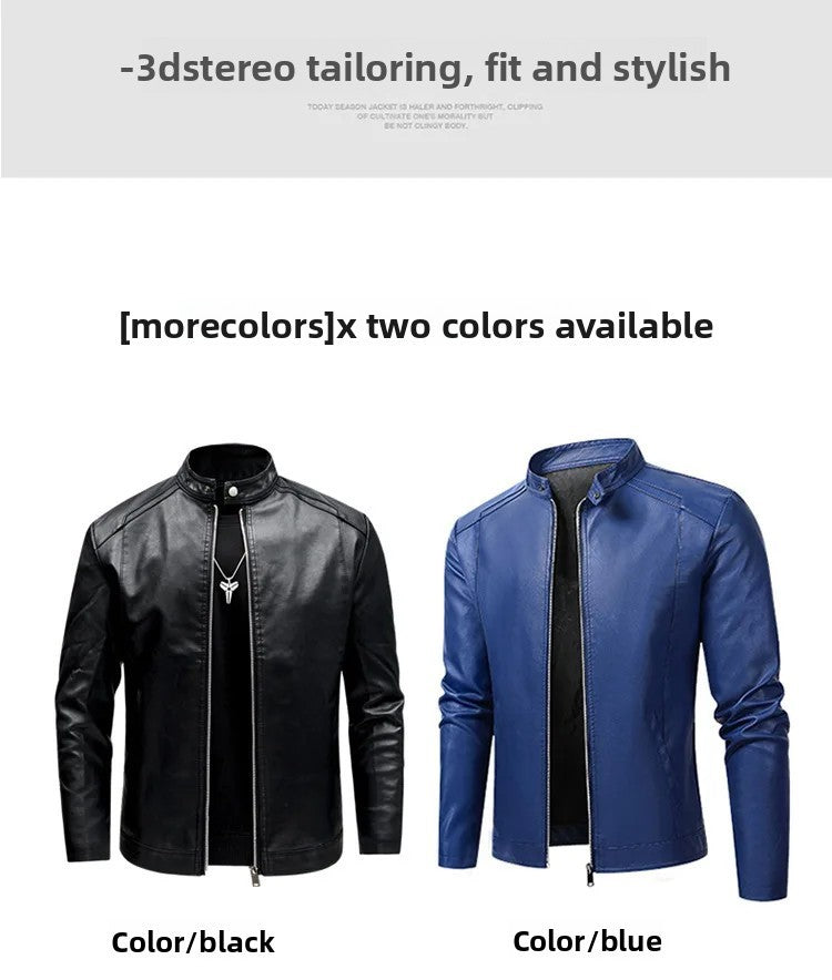 Men's Biker Leather Jacket Autumn Winter Thickened Fleece Casual Versatile Slim Fit Large Size PU Leather Coat