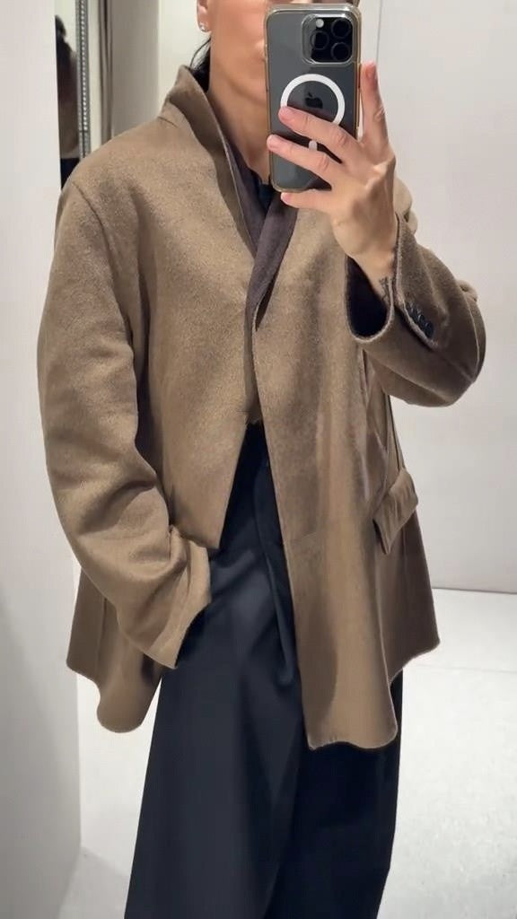 Fashion Brown Wool-blend Coat Women Stand Collar Long Sleeve One Button Pocket Warm Jacket 2025 Autumn Lady Chic Outwears New