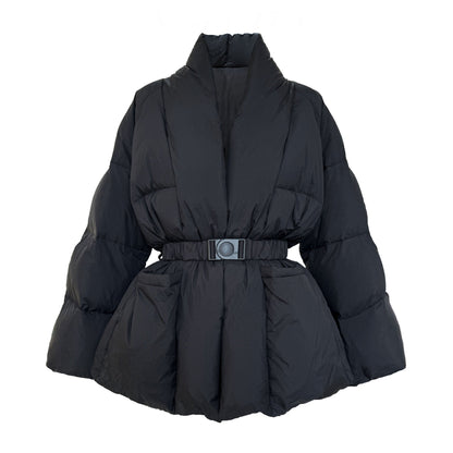 Lagabogy 2025 Winter Belt Waist-Tight Elegant Warm 90% White Duck Down Jacket Female Long Sleeve Solid Color V-neck Puffer Coat