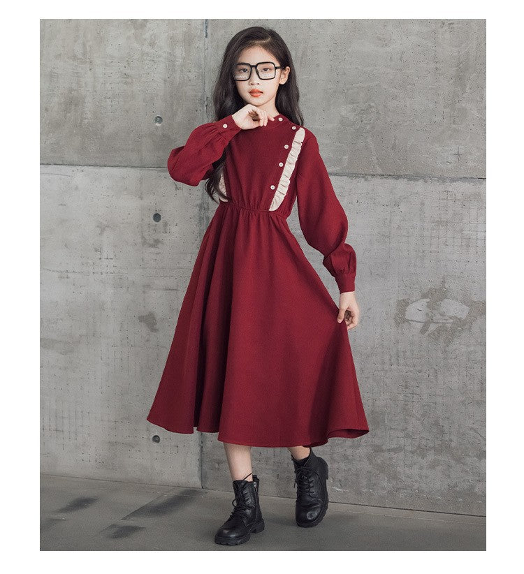 Girls' Dress New Style For  Children Stand Collar Waist-Cinching Slimming Mid-Length Dress Long Sleeve For Kids 5-12Y
