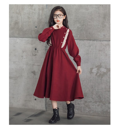 Girls' Dress New Style For  Children Stand Collar Waist-Cinching Slimming Mid-Length Dress Long Sleeve For Kids 5-12Y