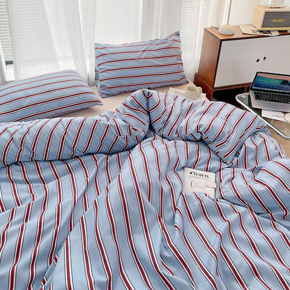 Simple Style Red And Blue Stripe Duvet Cover Set Bed Flat Sheet Set Washed Cotton Bedding Set for kids adult