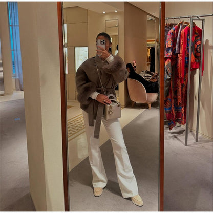 2025 Chic Lapel Plush Coat With Belt Women Vintage Solid Faux Fur Sleeve Tweed Open Coats Female Autumn Casual Street Outwear