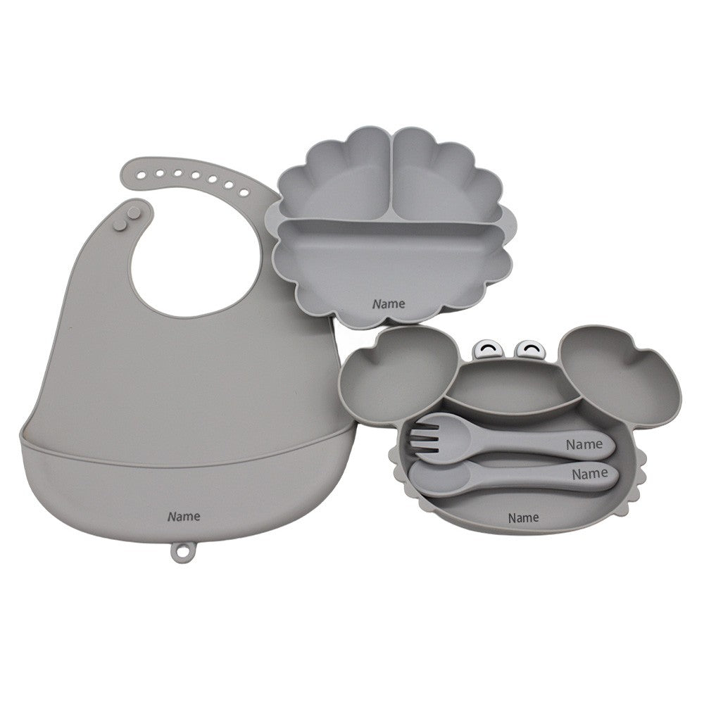 Free Name Printing Children's Tableware Set: Bib, Plate, Fork, Spoon - Silicone Material Personalized Gift