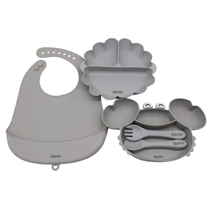 Free Name Printing Children's Tableware Set: Bib, Plate, Fork, Spoon - Silicone Material Personalized Gift