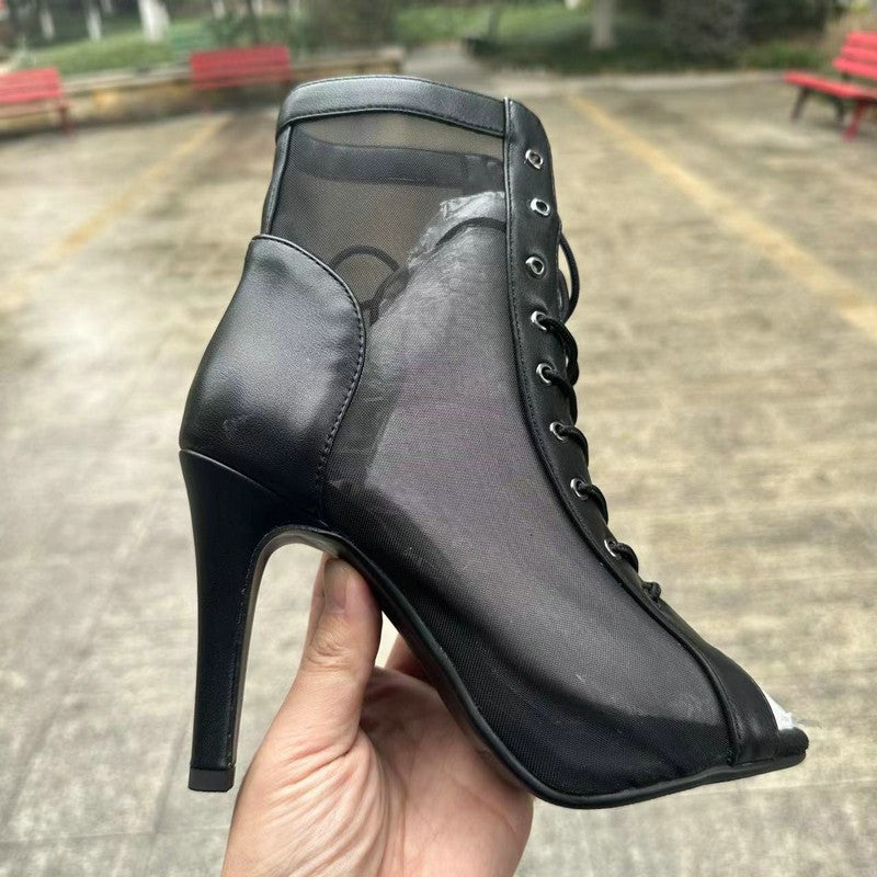 Novas Sandálias Femininas de Salto Alto Sexy Vazadas em Tela Tendência da Moda Verão Conforto Peep Toe Botas Stilettos Jazz Dance Tamanhos Grandes