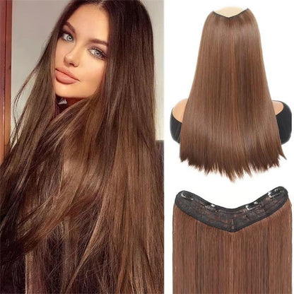 Peruca sintética longa reta em V com meia cabeça adequada para mulheres com cabelo preto e castanho, com presilha, preta, castanha, natural