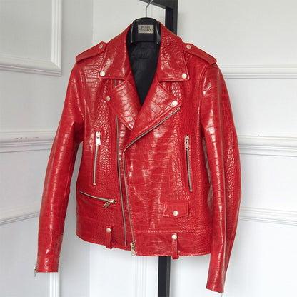 Mauroicardi Spring Red Crocodile Pattern Faux Leather Biker Jacket Long Sleeve Zipper Plus Size Designer Men Clothing 4xl 5xl