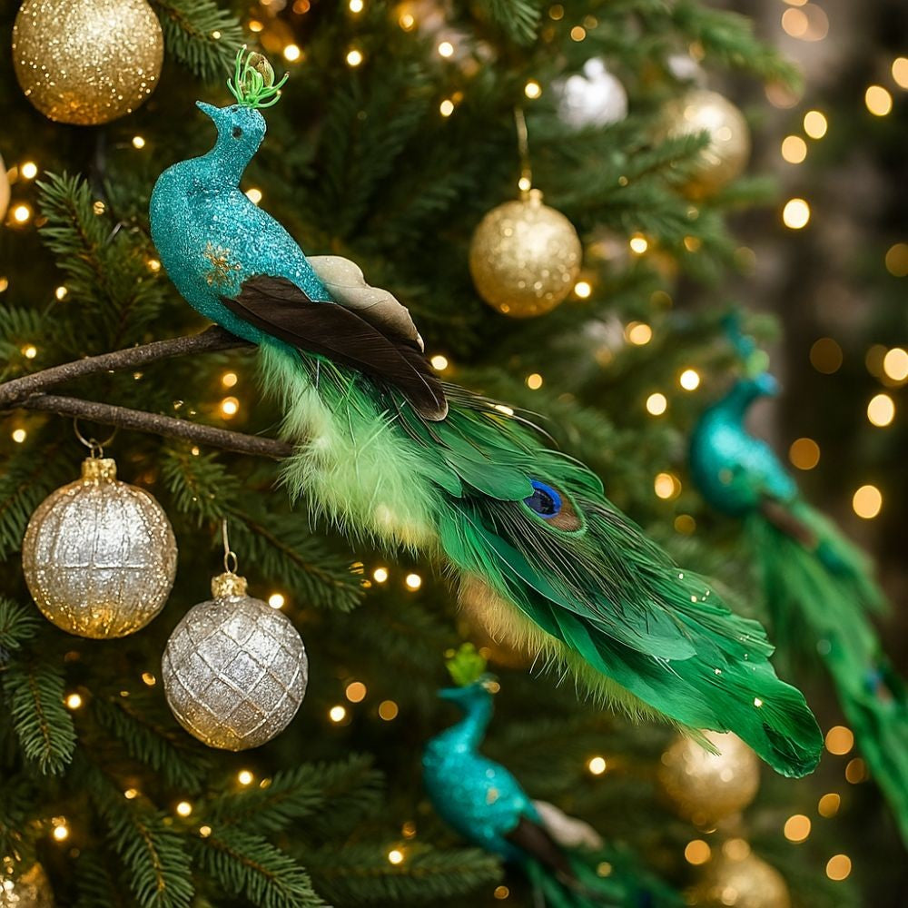 Long Tail Christmas Peacock Ornaments Realistic Glimmering Feather Peacock Bird Figurine Handmade with Clip Christmas Tree Decor