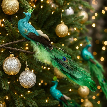 Long Tail Christmas Peacock Ornaments Realistic Glimmering Feather Peacock Bird Figurine Handmade with Clip Christmas Tree Decor