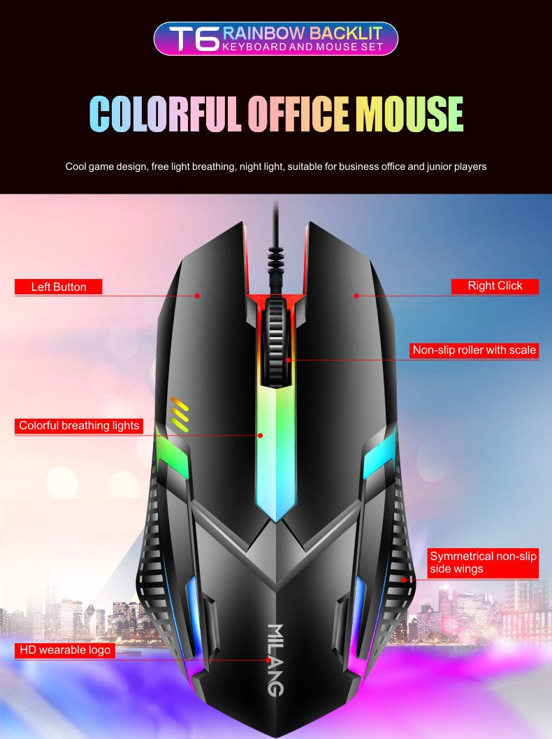 Teclado e Mouse com Fio e Retroiluminação Rainbow, Teclado com Teclas Flutuantes Forte, Resistente ao Desgaste, Sensação Confortável para Escritório Comercial