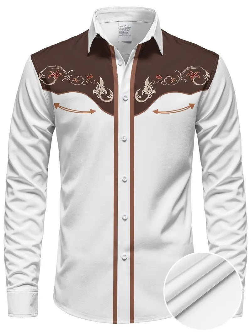 Men's Western Style Shirt Vintage Pattern Lapel Long Sleeve Button Print Top Fashion Clothing Designer Western Style