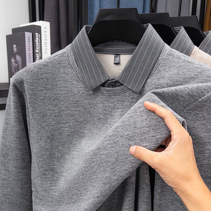 Fake Two-piece Striped Shirt Collar Knitted Sweater Men's Warm and Versatile Casual Woolen Shirt Waffle Top Winter Trend