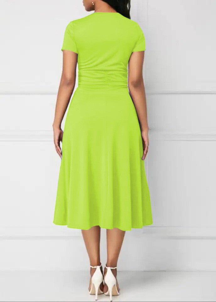 Summer Dresses Elegant Women Solid Color Short Sleeve V Neck Asymmetric Hem Wais