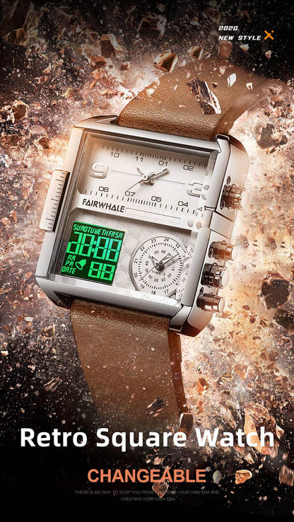 Mark Fairwhale Luxury Quartz Watches Men Fashion Brown Leather Strap Clock Military Waterproof Square Electronic WristWatch 2023