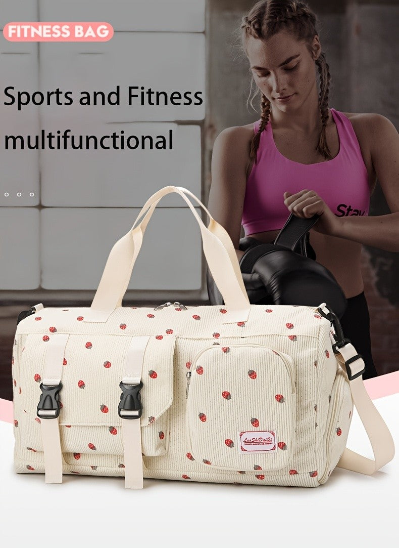 Large Capacity Travel Duffel Bag with Strawberry Pattern, Wet/Dry Separation, Independent Shoe Compartment & Multiple Pockets