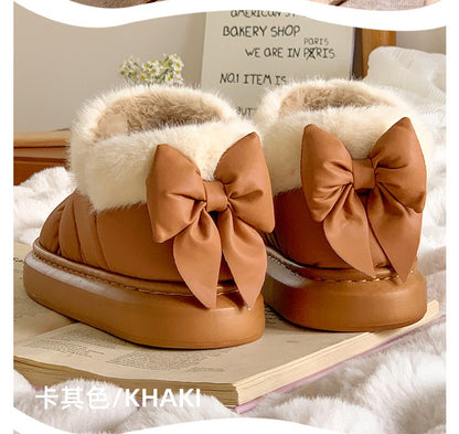 Cute Warm Ankle Boots Winter Women's Bow Warmth Plush Bow Cotton Shoes 2025 New Waterproof Down Cloth Short Barrel Snow Boots