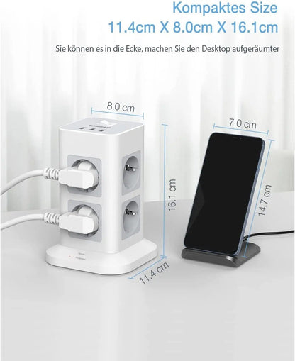 TESSAN Tower Power Strip Multi Outlets with USB A +1 Type C 2M Extension Cable EU Plug Vertical Electric Socket Surge Protection